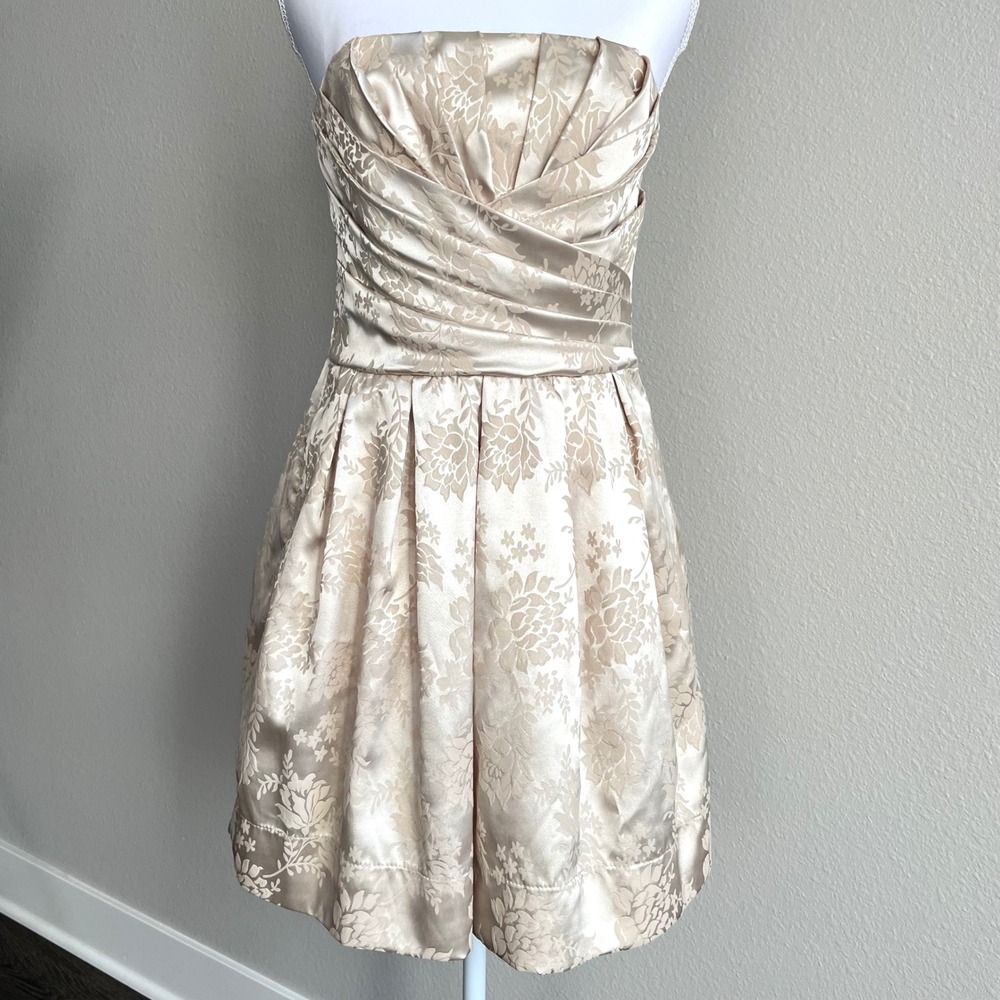 Y2K Roberta Strapless Floral Jacquard Mini Dress Champagne Sz 7/8 Cocktail Retro